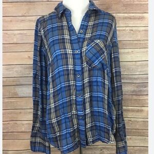 Free People Blue and Tan Plaid Shirt